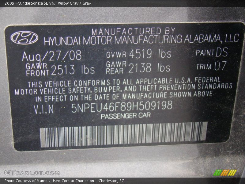 Willow Gray / Gray 2009 Hyundai Sonata SE V6