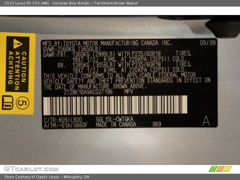 Cerulean Blue Metallic / Parchment/Brown Walnut 2010 Lexus RX 350 AWD