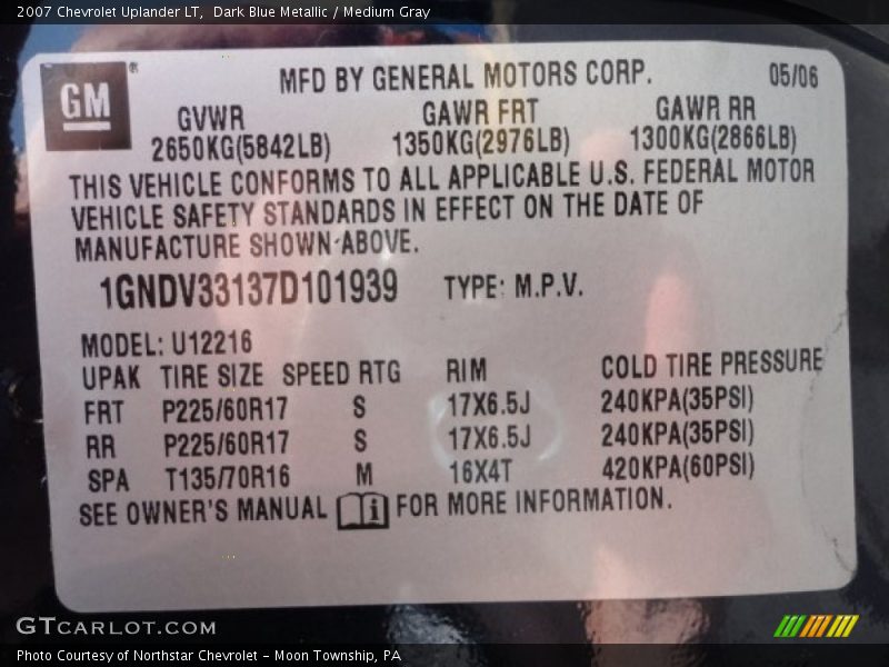 Dark Blue Metallic / Medium Gray 2007 Chevrolet Uplander LT