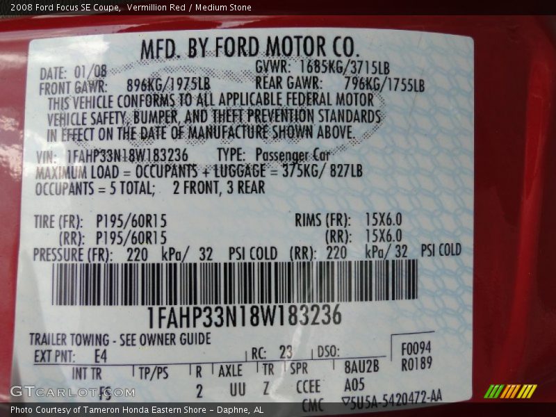 Vermillion Red / Medium Stone 2008 Ford Focus SE Coupe