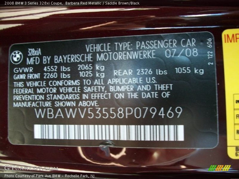 Barbera Red Metallic / Saddle Brown/Black 2008 BMW 3 Series 328xi Coupe