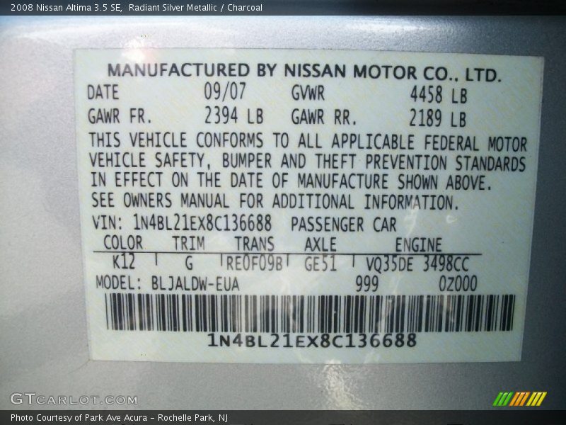 Radiant Silver Metallic / Charcoal 2008 Nissan Altima 3.5 SE