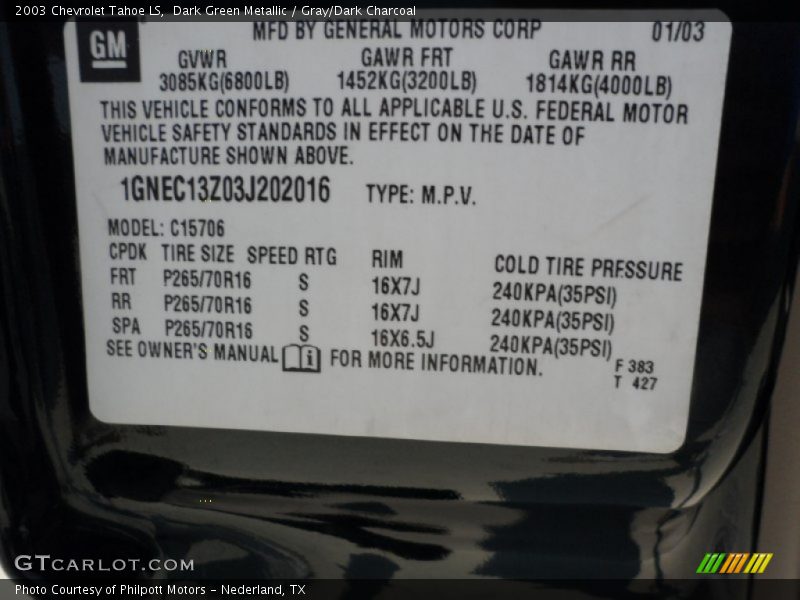 Dark Green Metallic / Gray/Dark Charcoal 2003 Chevrolet Tahoe LS