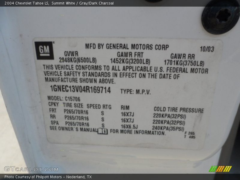 Info Tag of 2004 Tahoe LS