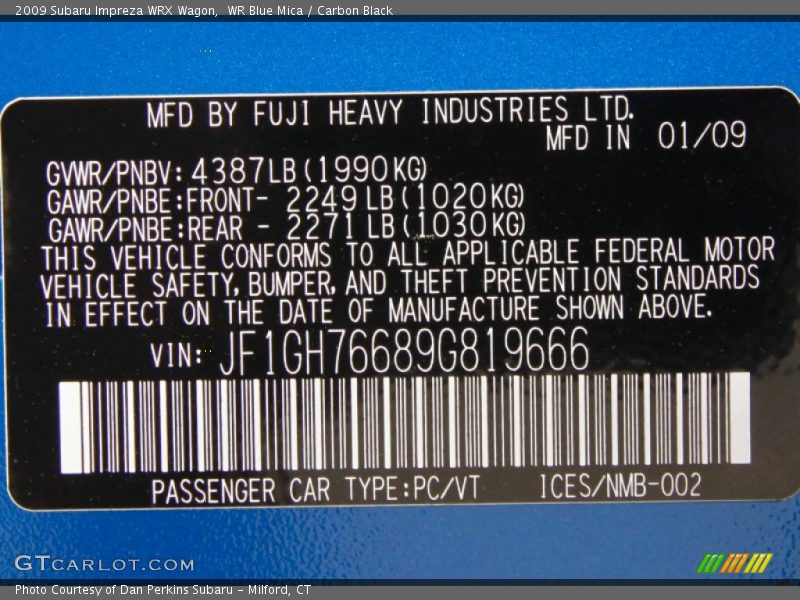 Info Tag of 2009 Impreza WRX Wagon