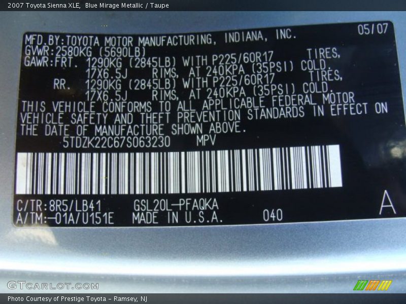 Blue Mirage Metallic / Taupe 2007 Toyota Sienna XLE