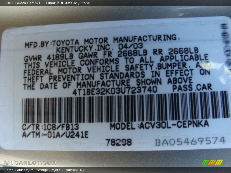 Lunar Mist Metallic / Stone 2003 Toyota Camry LE