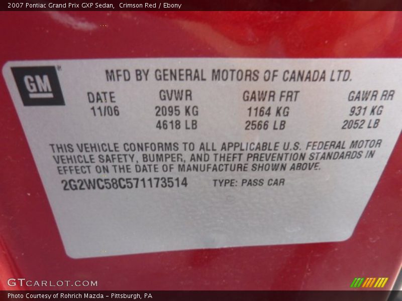 Crimson Red / Ebony 2007 Pontiac Grand Prix GXP Sedan
