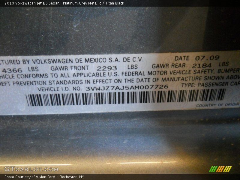 Platinum Grey Metallic / Titan Black 2010 Volkswagen Jetta S Sedan