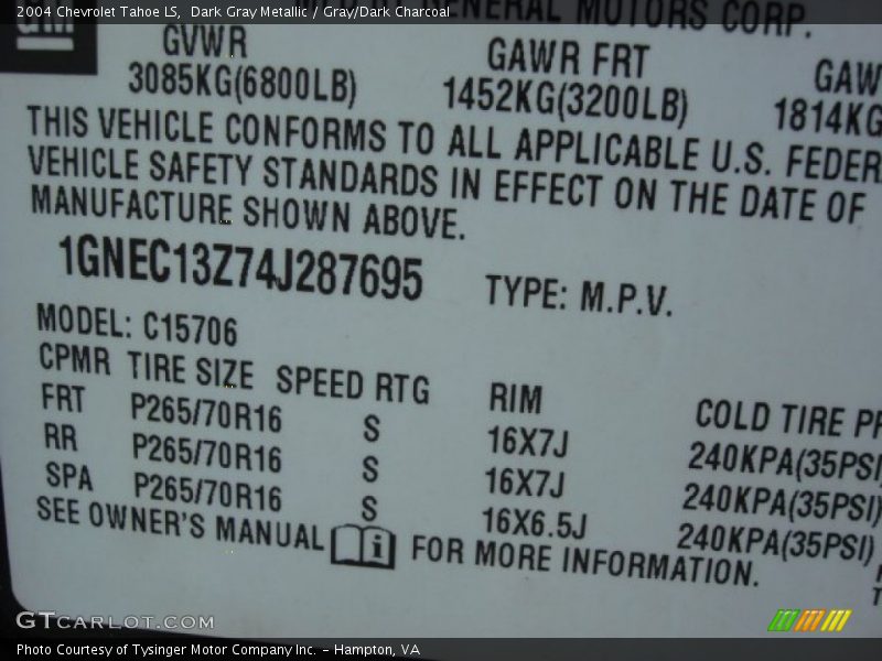 Dark Gray Metallic / Gray/Dark Charcoal 2004 Chevrolet Tahoe LS