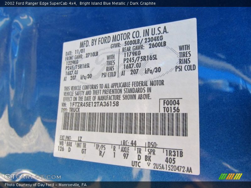 Bright Island Blue Metallic / Dark Graphite 2002 Ford Ranger Edge SuperCab 4x4