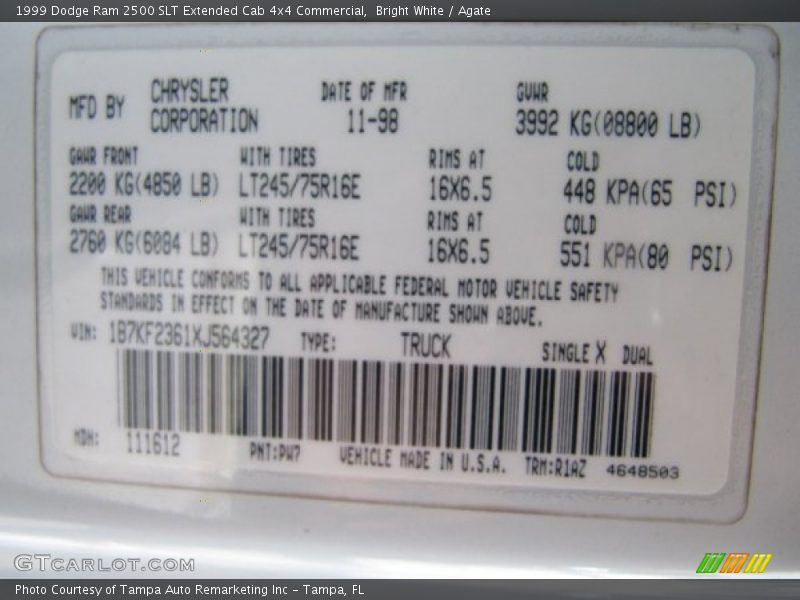1999 Ram 2500 SLT Extended Cab 4x4 Commercial Bright White Color Code PW7