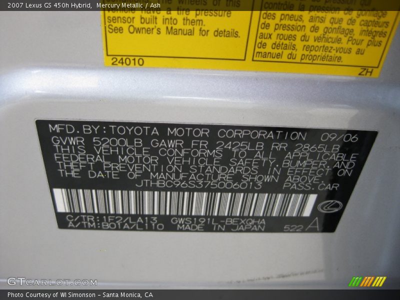 2007 GS 450h Hybrid Mercury Metallic Color Code 1F2