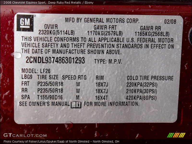 Info Tag of 2008 Equinox Sport