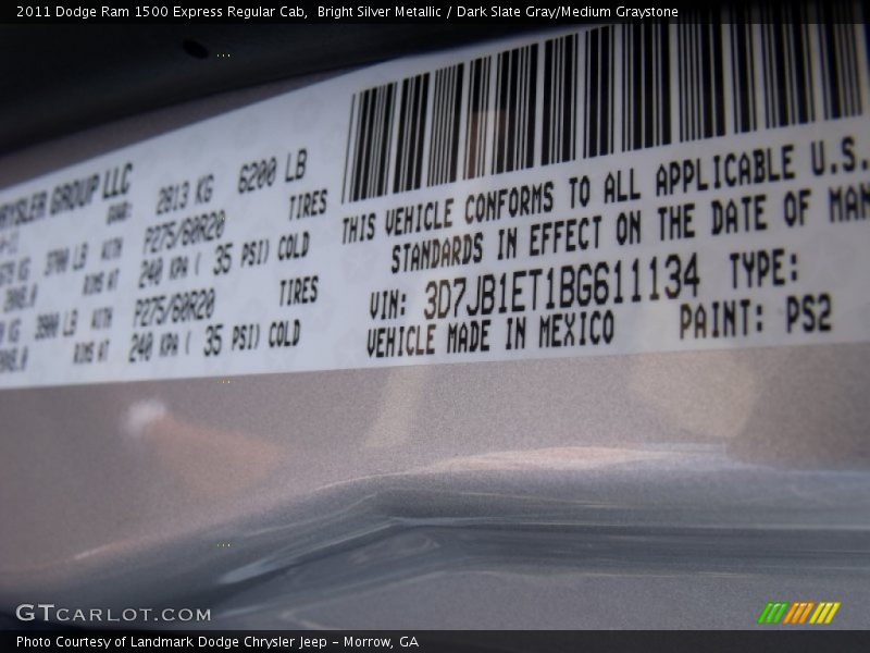 Bright Silver Metallic / Dark Slate Gray/Medium Graystone 2011 Dodge Ram 1500 Express Regular Cab