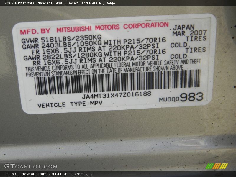 Desert Sand Metallic / Beige 2007 Mitsubishi Outlander LS 4WD