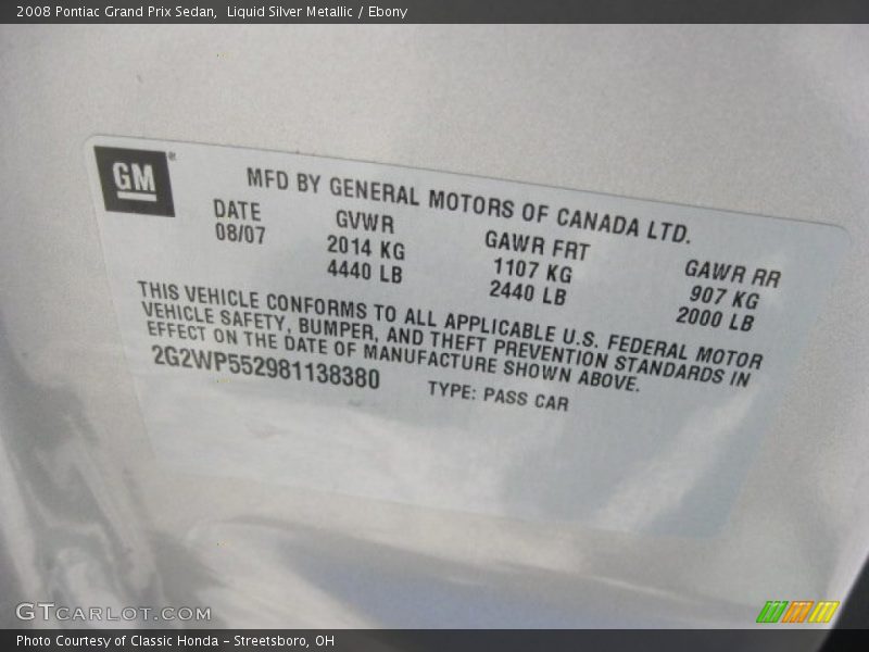 Liquid Silver Metallic / Ebony 2008 Pontiac Grand Prix Sedan