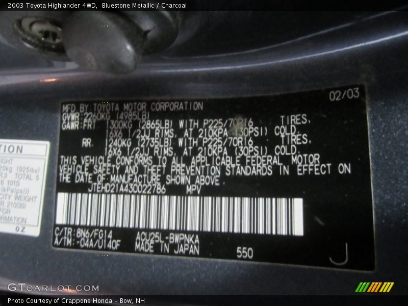 Bluestone Metallic / Charcoal 2003 Toyota Highlander 4WD