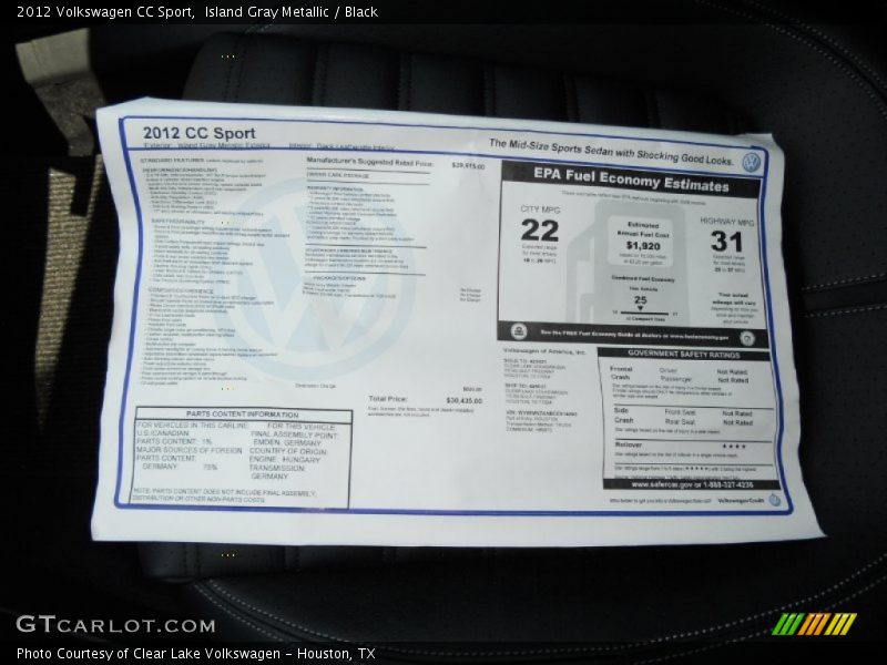 Island Gray Metallic / Black 2012 Volkswagen CC Sport
