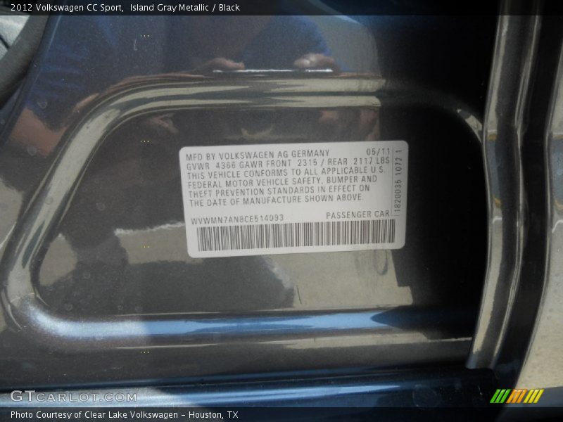 Island Gray Metallic / Black 2012 Volkswagen CC Sport