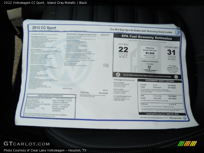 Island Gray Metallic / Black 2012 Volkswagen CC Sport