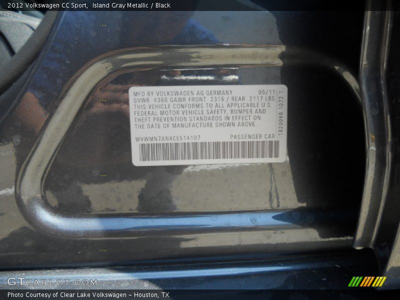 Island Gray Metallic / Black 2012 Volkswagen CC Sport