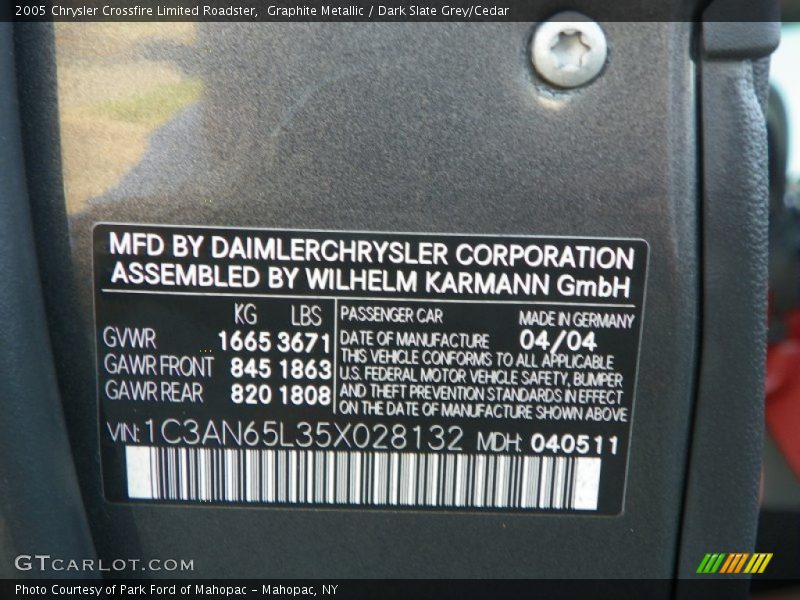 Info Tag of 2005 Crossfire Limited Roadster