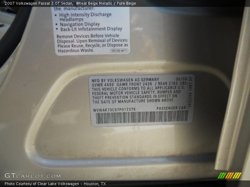 Wheat Beige Metallic / Pure Beige 2007 Volkswagen Passat 2.0T Sedan