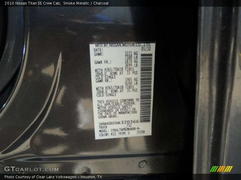Smoke Metallic / Charcoal 2010 Nissan Titan SE Crew Cab