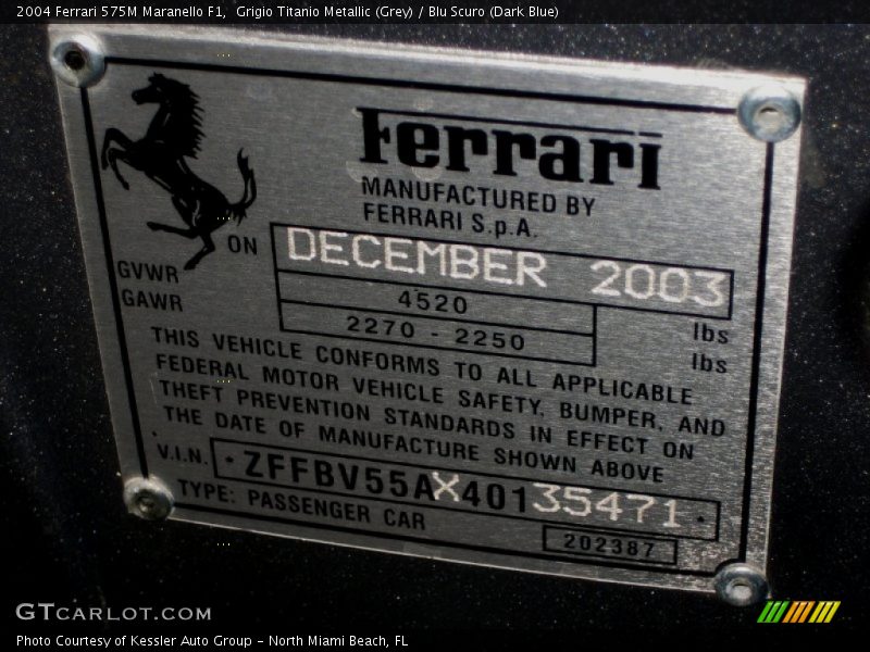 Info Tag of 2004 575M Maranello F1