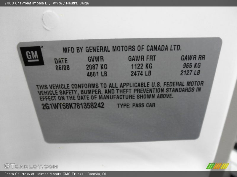White / Neutral Beige 2008 Chevrolet Impala LT