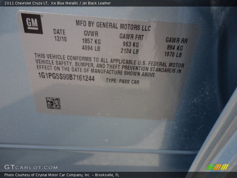 Ice Blue Metallic / Jet Black Leather 2011 Chevrolet Cruze LT