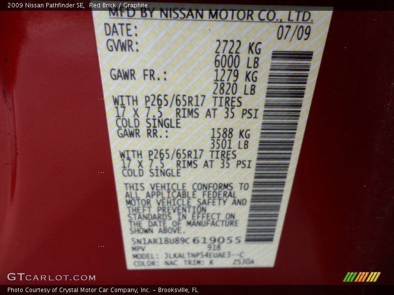 Red Brick / Graphite 2009 Nissan Pathfinder SE