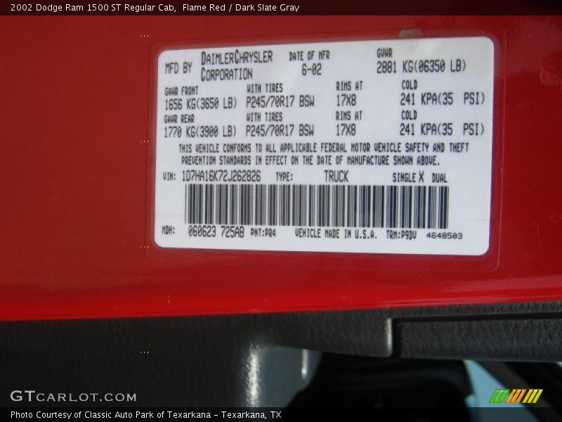 Flame Red / Dark Slate Gray 2002 Dodge Ram 1500 ST Regular Cab