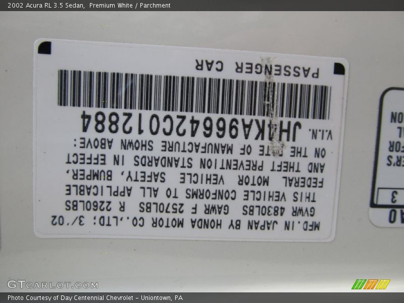 Premium White / Parchment 2002 Acura RL 3.5 Sedan