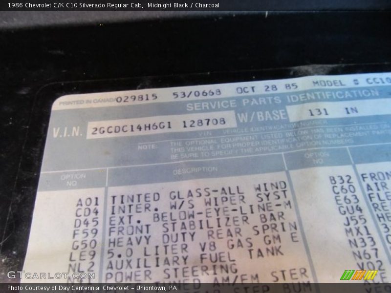 Info Tag of 1986 C/K C10 Silverado Regular Cab