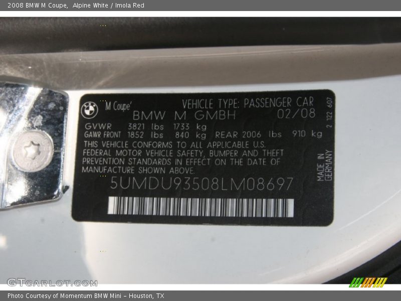 Alpine White / Imola Red 2008 BMW M Coupe