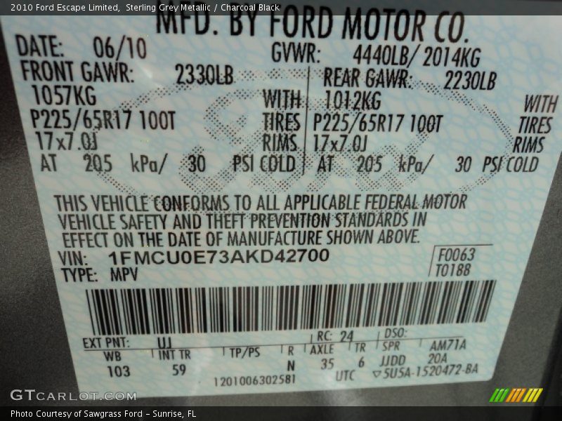 2010 Escape Limited Sterling Grey Metallic Color Code UJ