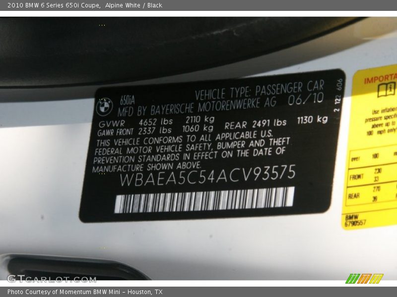 Alpine White / Black 2010 BMW 6 Series 650i Coupe