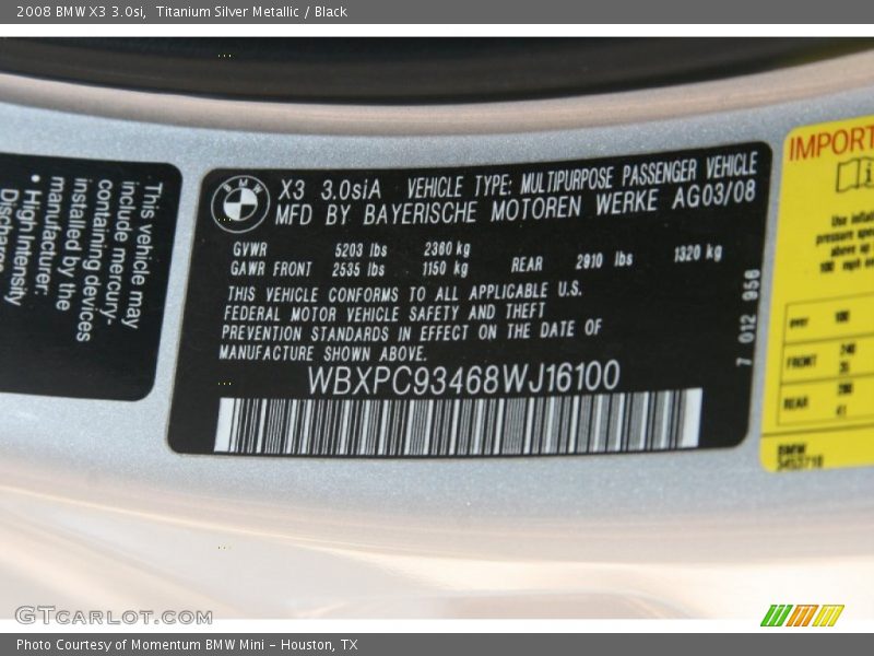 Titanium Silver Metallic / Black 2008 BMW X3 3.0si