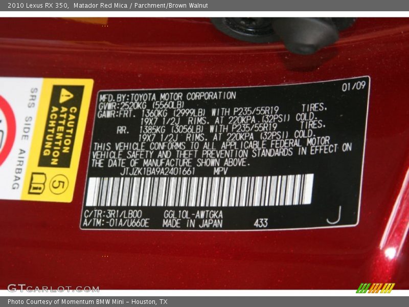 2010 RX 350 Matador Red Mica Color Code 3R1