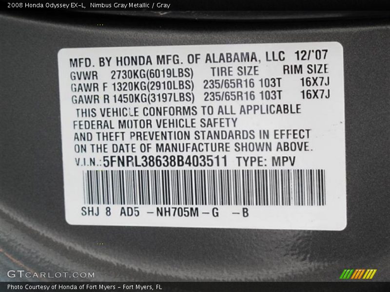 Nimbus Gray Metallic / Gray 2008 Honda Odyssey EX-L