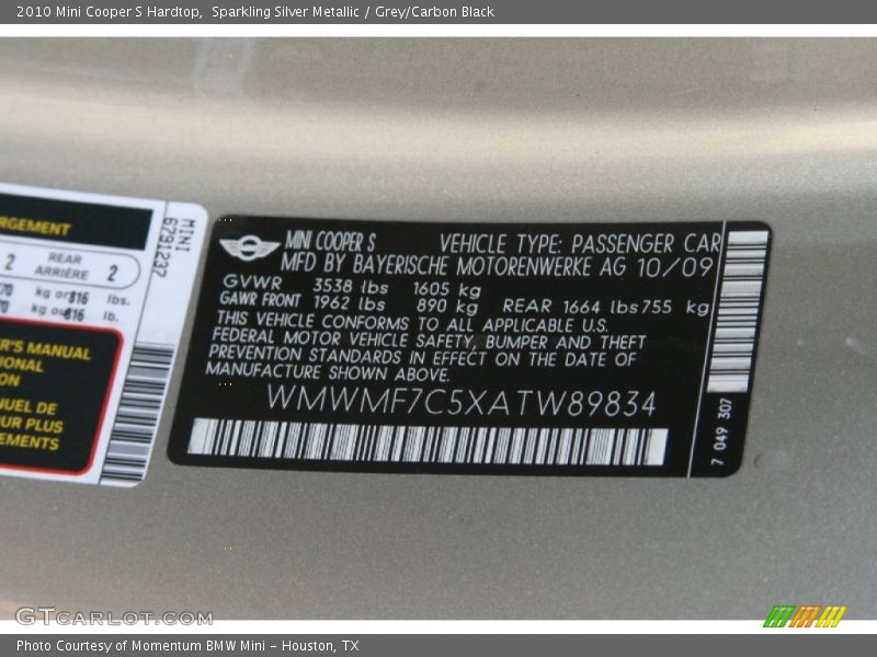 Sparkling Silver Metallic / Grey/Carbon Black 2010 Mini Cooper S Hardtop