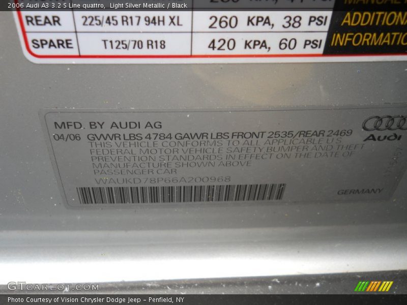 Info Tag of 2006 A3 3.2 S Line quattro