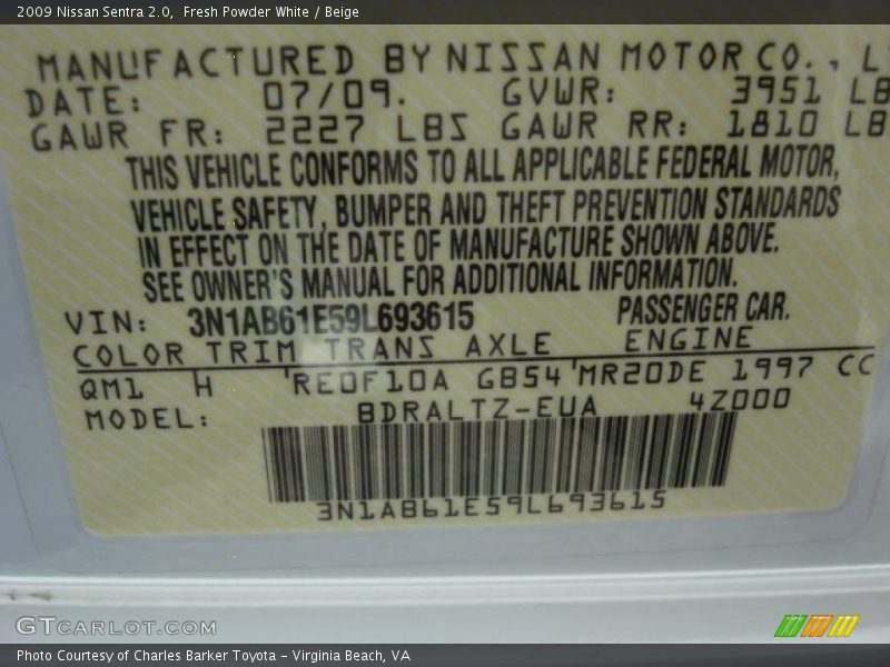 Fresh Powder White / Beige 2009 Nissan Sentra 2.0