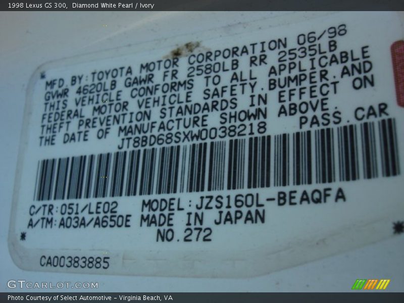 Diamond White Pearl / Ivory 1998 Lexus GS 300