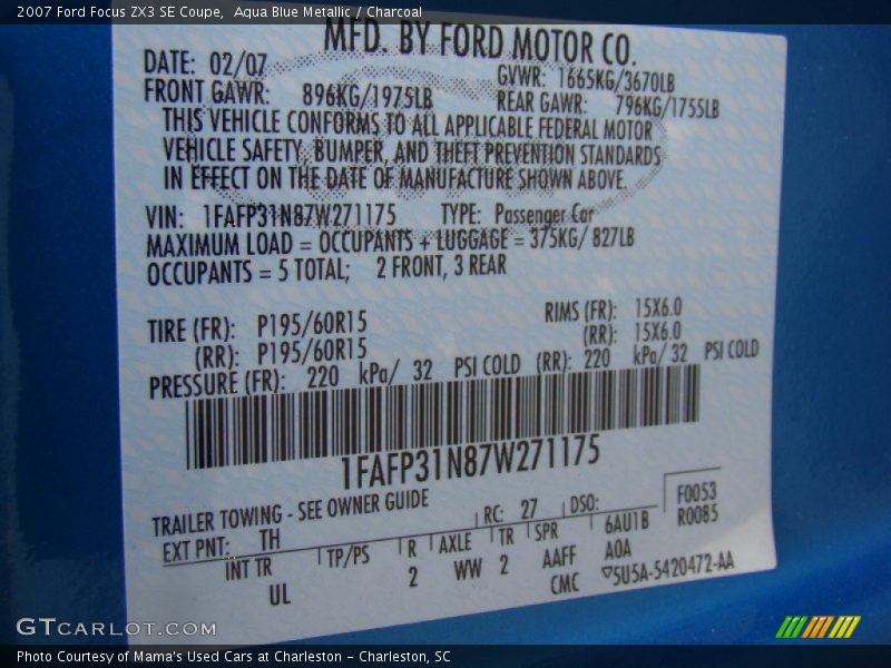 2007 Focus ZX3 SE Coupe Aqua Blue Metallic Color Code TH
