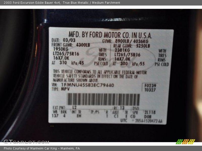 True Blue Metallic / Medium Parchment 2003 Ford Excursion Eddie Bauer 4x4