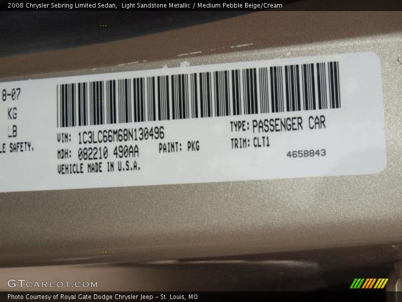 2008 Sebring Limited Sedan Light Sandstone Metallic Color Code PKG