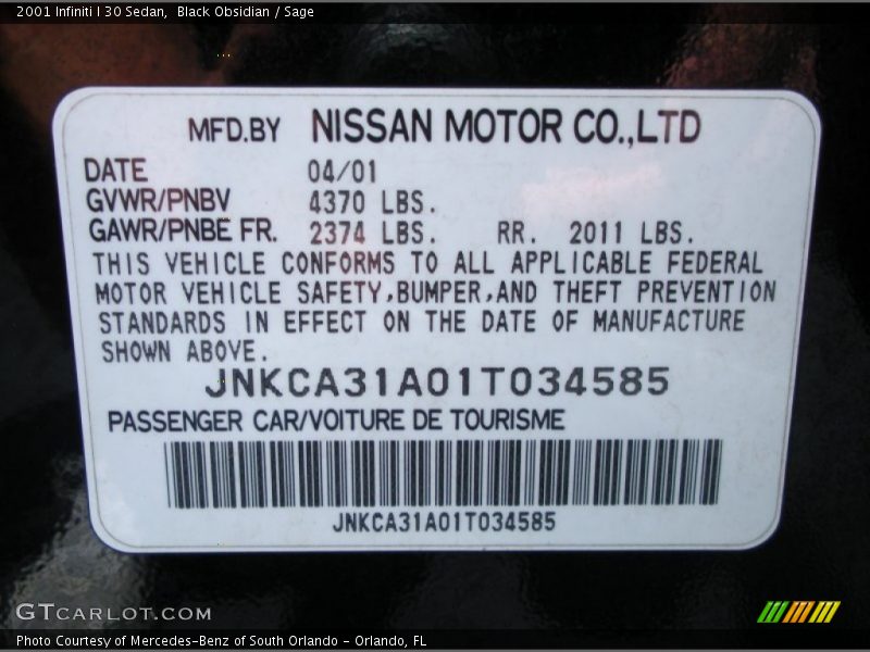 Black Obsidian / Sage 2001 Infiniti I 30 Sedan